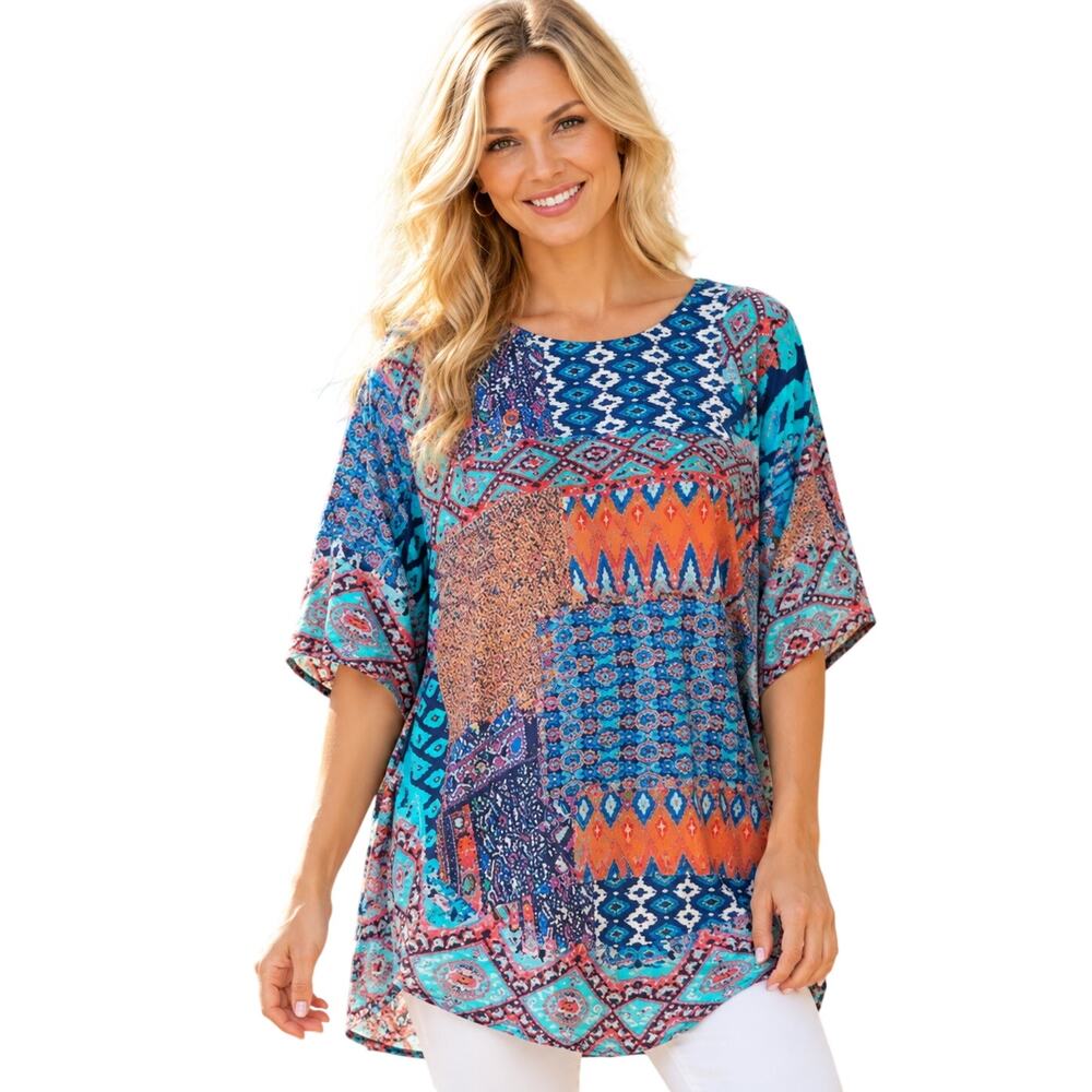 Tolani Collection Woven Caftan Tunic Womens Medium Ikat Patchwork Boho Modal